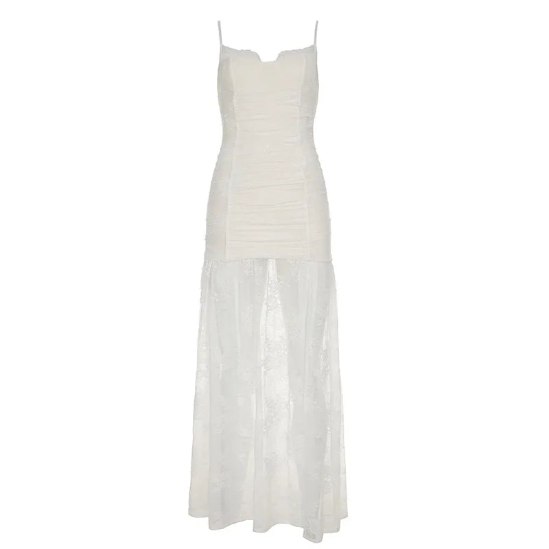 Sexy Lace Spaghetti Strap Dress Women Sleeveless Backless See Through Slim Split Long Dresses 2026 Spring Holiday Lady Robes