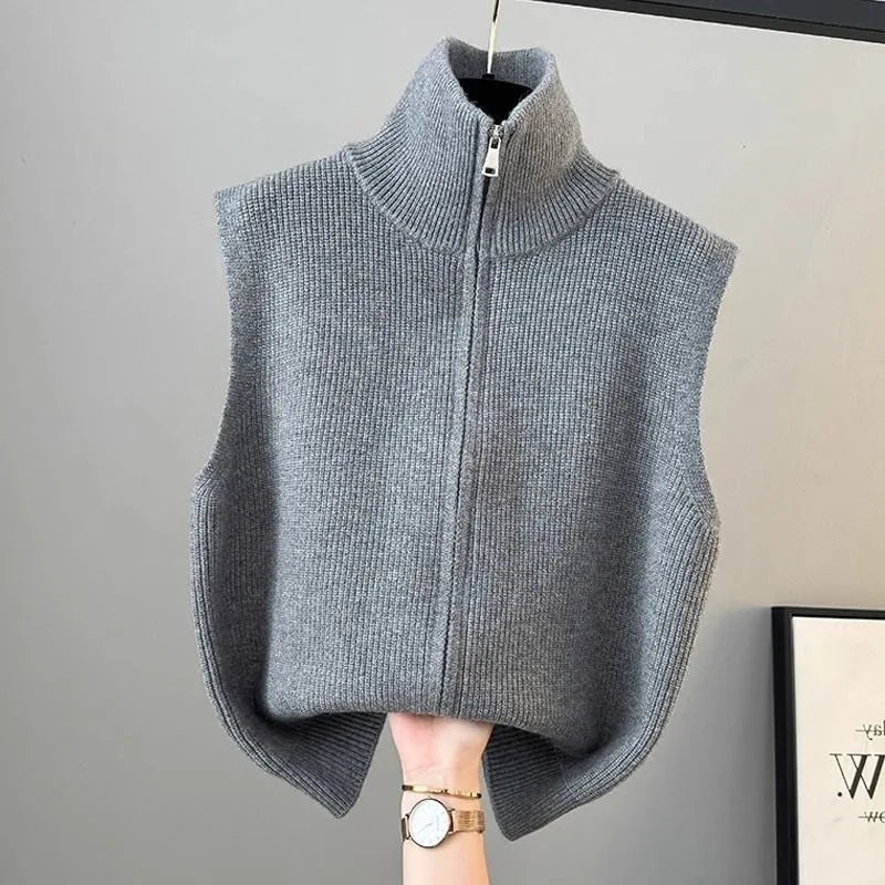 High Collar Zipper Knitted Open Cardigan Vest Women's Loose Layering Jacket Sweater Shoulder Pad Spring Autumn Winter New Style