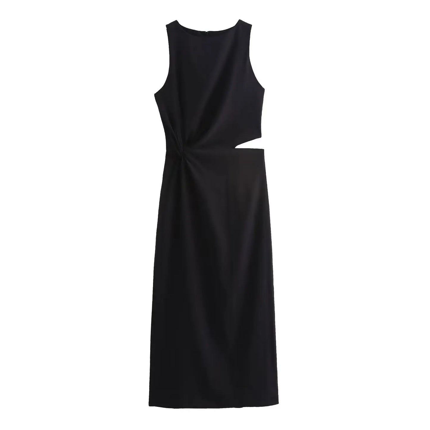 HH Women Summer Crop Waist Opening Folds Design Midi Dress Female Fashion O-Neck Back Zipper Sleeveless 3 Color Slim Dresses