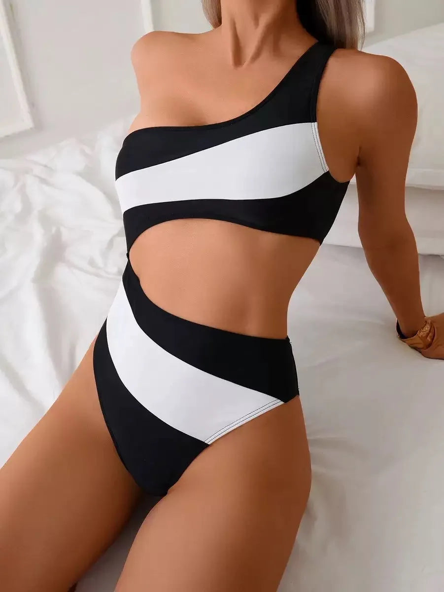 Cikini One-Piece Swimsuit With Colorblock Hollow-Out One Shoulder Neckline Summer Beach Swimwear Bathing Suit For Women