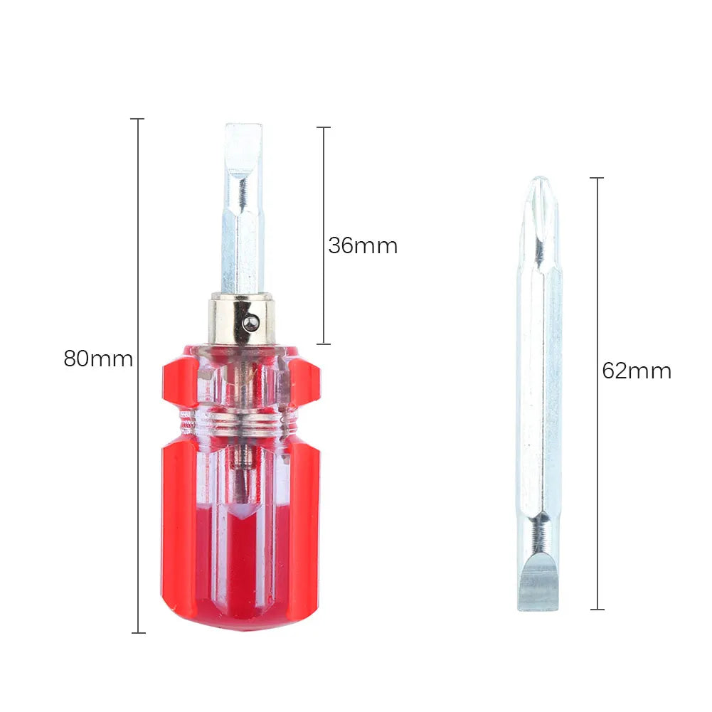 Small Pocket Screwdriver with PH2 Phillips Cross Head and 6mm Slotted Flat Head, Reversible Stubby Short Screwdriver