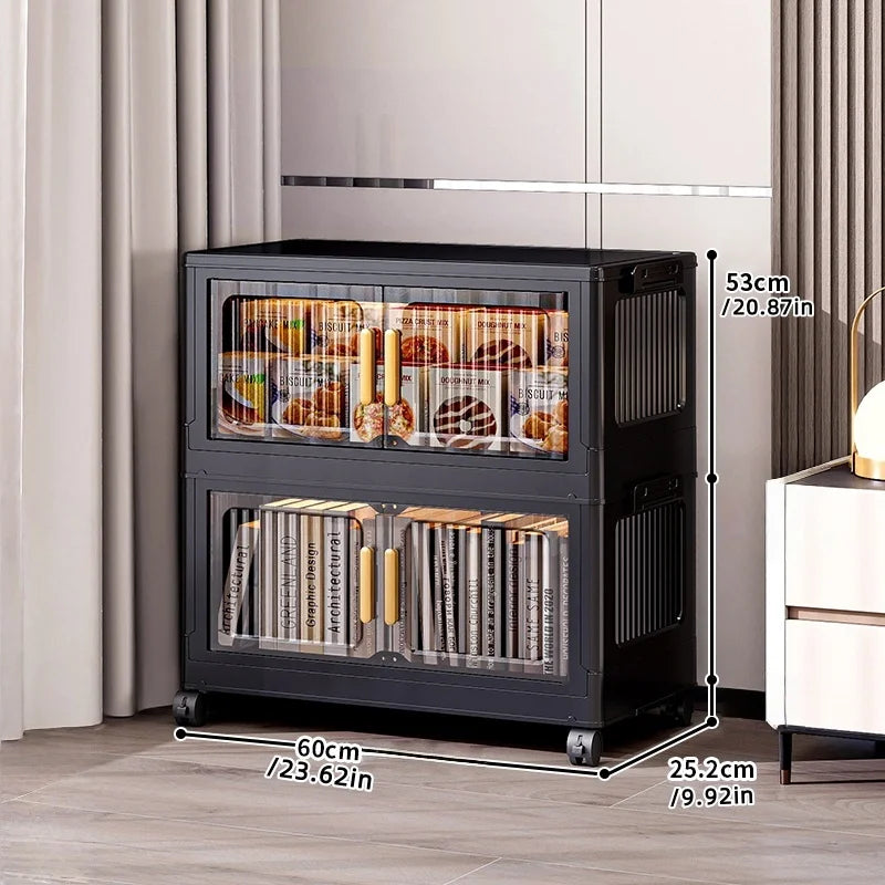 Foldable Clear Double-Door Storage Cabinet Large Space-Saving Mobile Organizer Dustproof Moisture-Proof for Kitchen Living Room