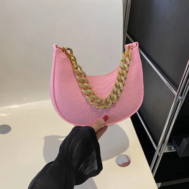 Fashion Women Felt Handbags Imitation Metal Chain Underarm Bag Retro Ladies Solid Color Shoulder Bag Trendy Casual Clutch Purse