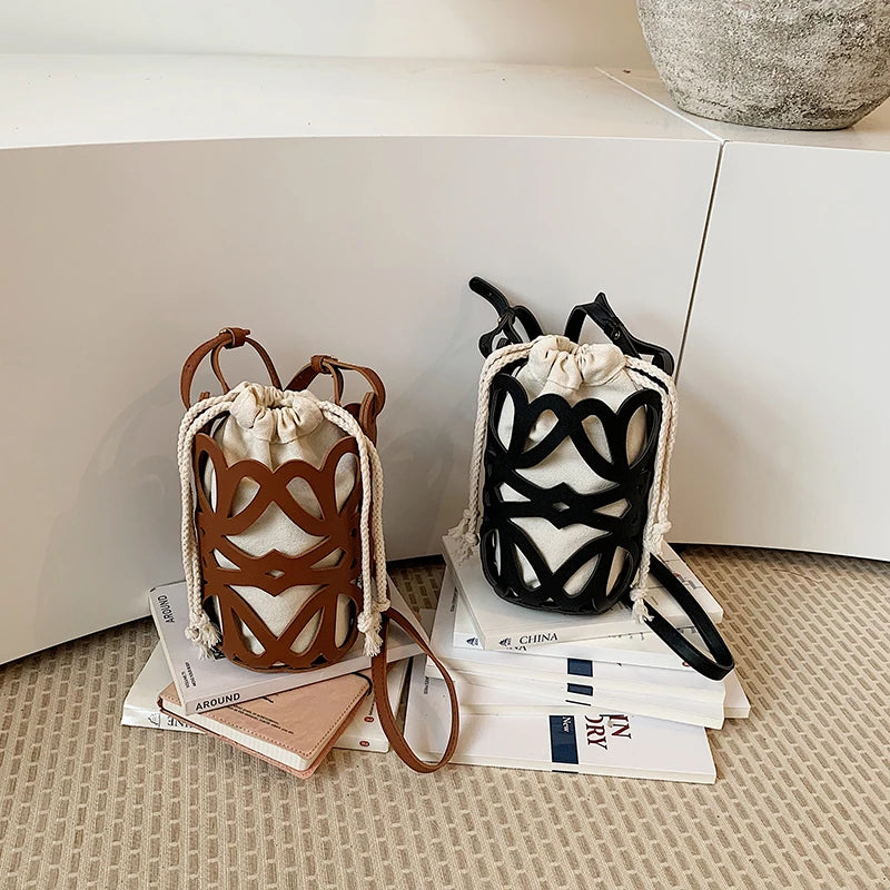 Solid Color PU Versatile Hollow Out Mini Bucket Bag Hot Sale Adjustable Strap Shoulder Bags Casual Drawstring Crossbody Bags