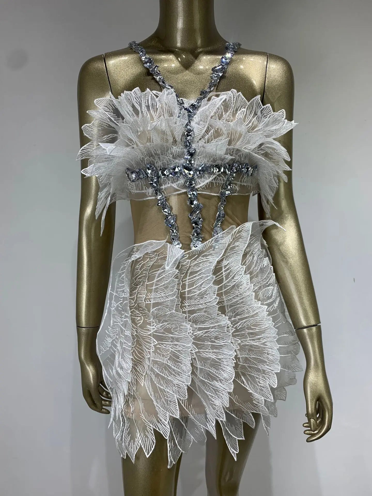 Women Sexy White Gold Crystal Transparent Wings Mini Dress Bar Nightclub Party Singer Stage Performance Costume