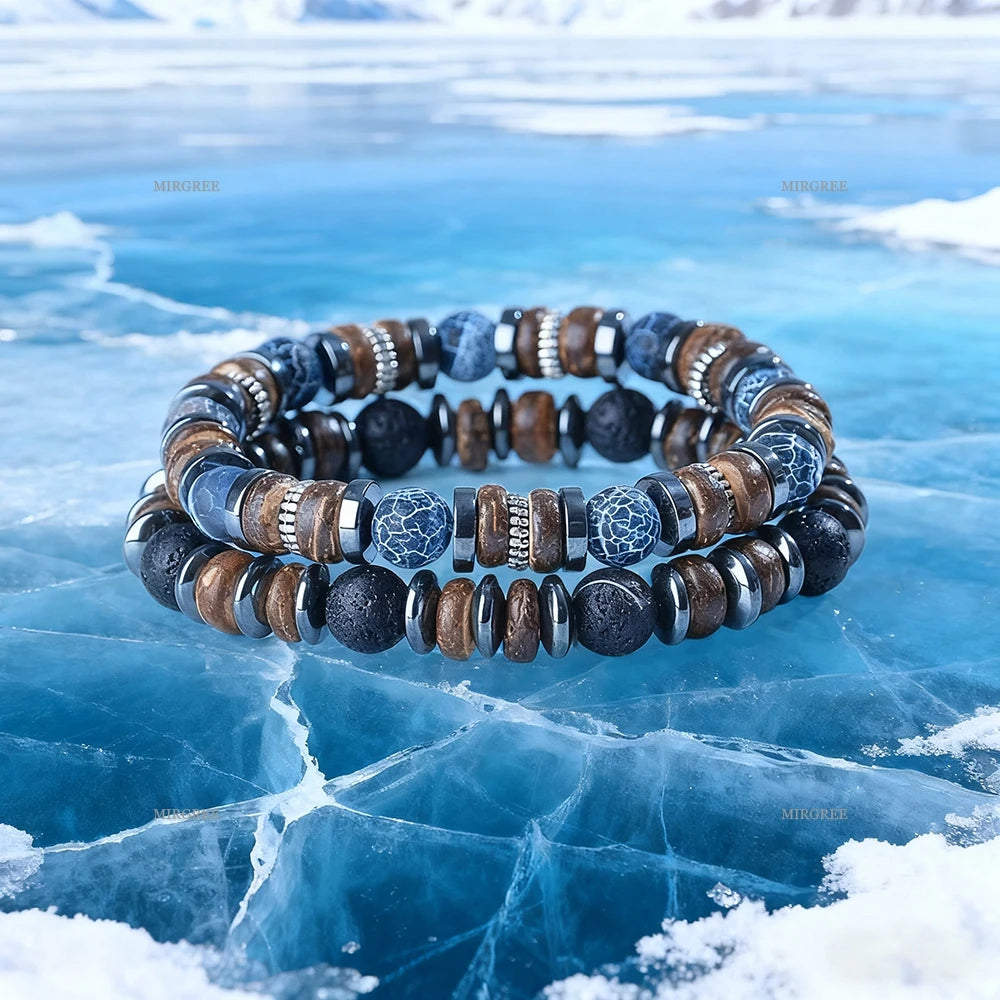 2pcs Men's Natural Stone Bead Bracelet Set, Handmade Retro Outdoor Style Men's Jewelry, Men's Gift