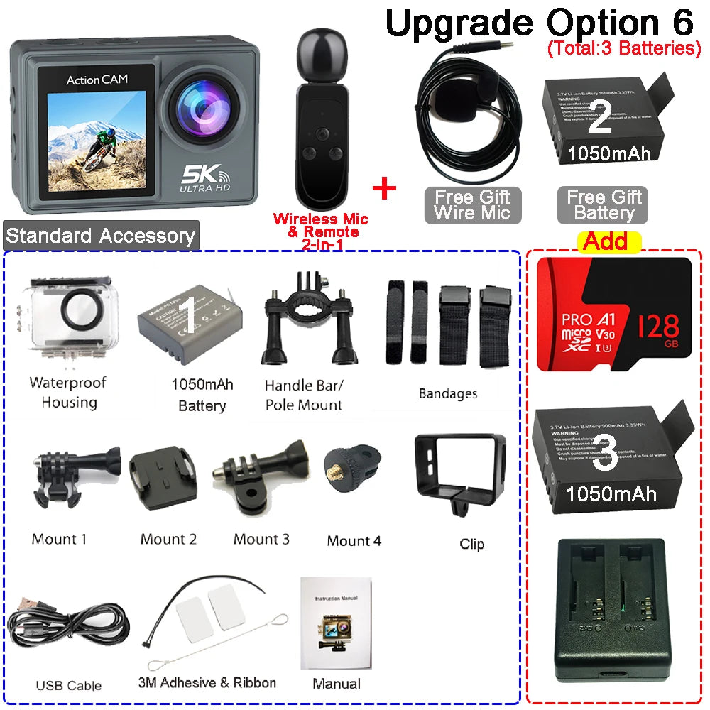 Action Camera 5K 4K60FPS Dual IPS Touch LCD EIS 170° 30M Waterproof 5X Zoom Sport Camera Optional Wireless Mic & Remote Control