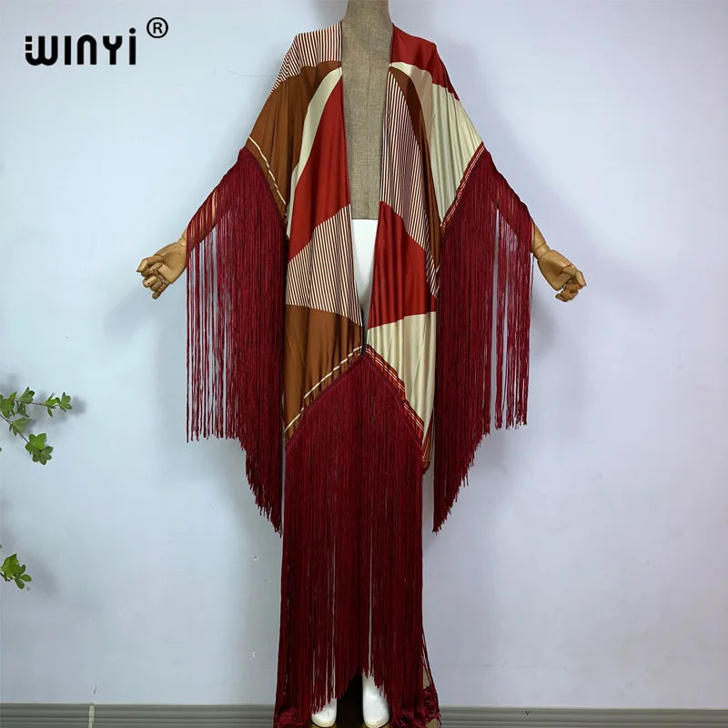 WINYI kimono cover-ups summer boho print Bikini Cover-up Elegant fashion Cardigan sexy Holiday long Sleeve tassels maxi dress