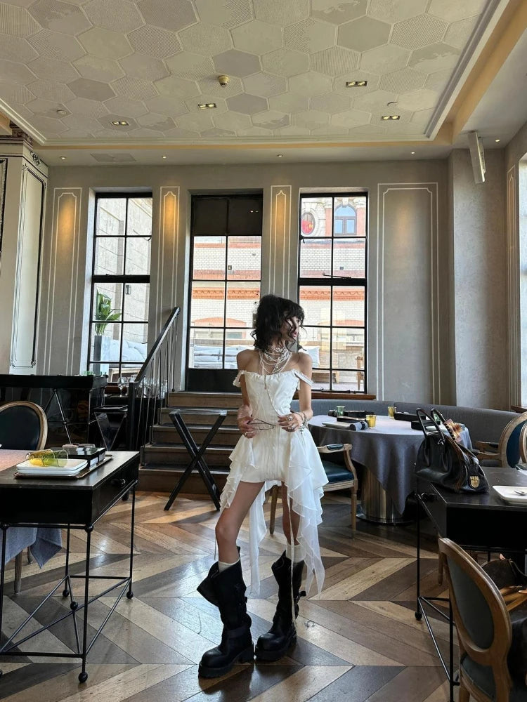 Summer Korean Fashion Y2k Retro Women Dresses Chic White Halter Chiffon Irregular Slimming Design Short Skirt Woman Clothes 2025