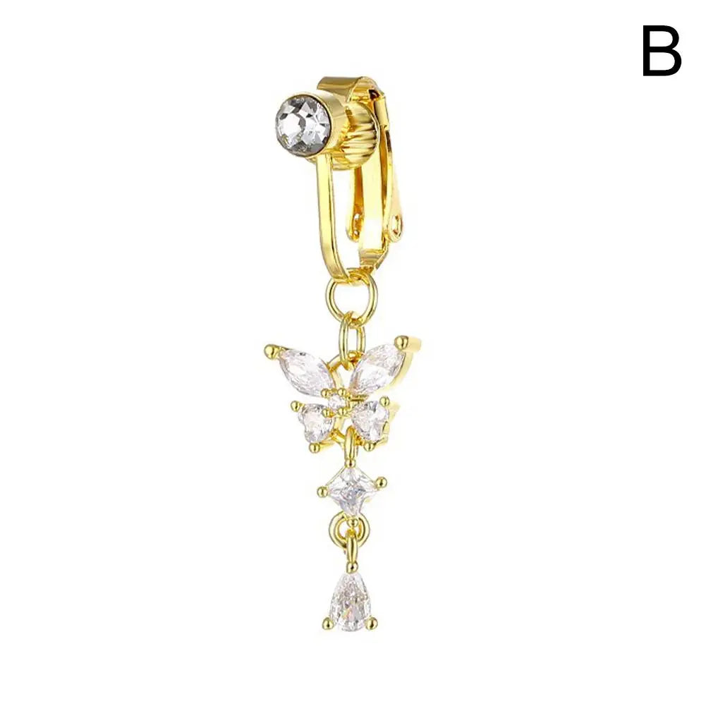 Clip On Belly Button Ring Butterfly Copper Zircon Pink Fake Belly Piercing Umbilical Navel Body Jewelry Trendy Fashion Style
