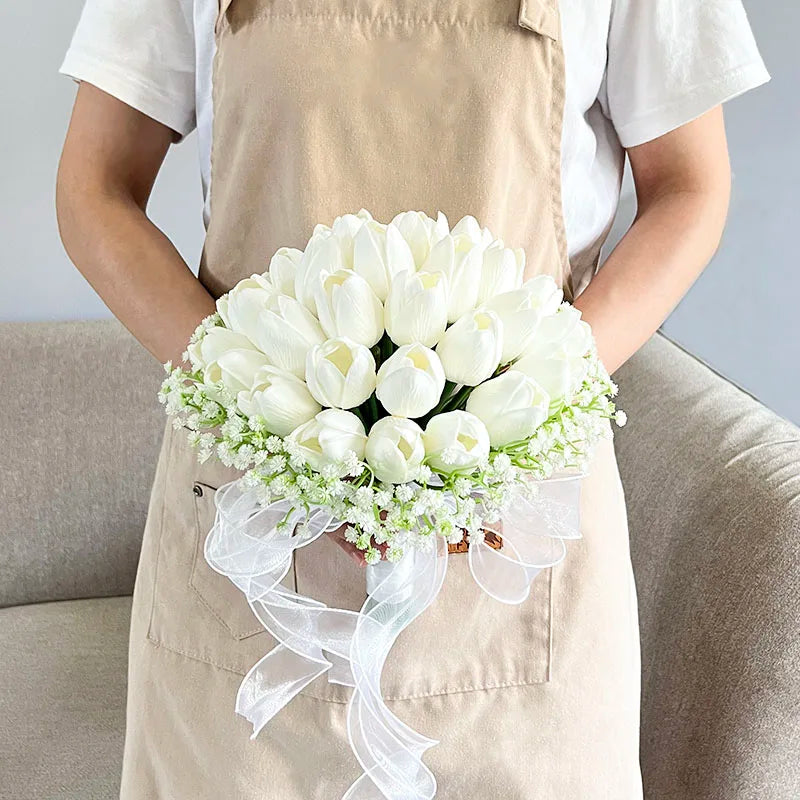 Bride Bouquet Wedding Flowers Bridal Bridesmaids PU Tulip Baby's Breath Artificial Flowers Table Centerpieces Prom Accessories