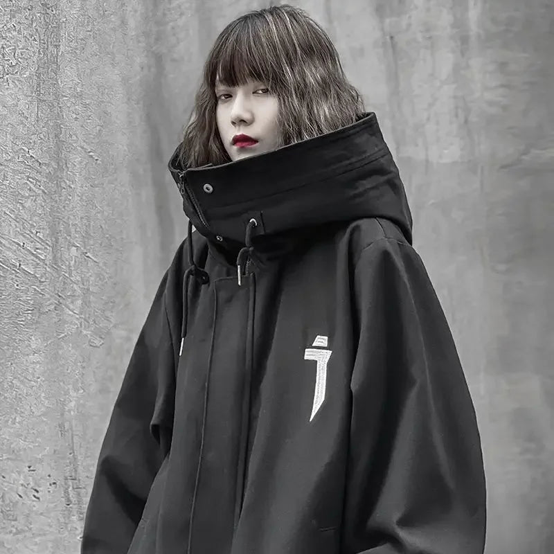 Hikigawa Chic Fashion Women Punk Style Turtleneck Hooded Jackets Vintage Loose High Street Zipper Cardigan Coats Tops Mujer