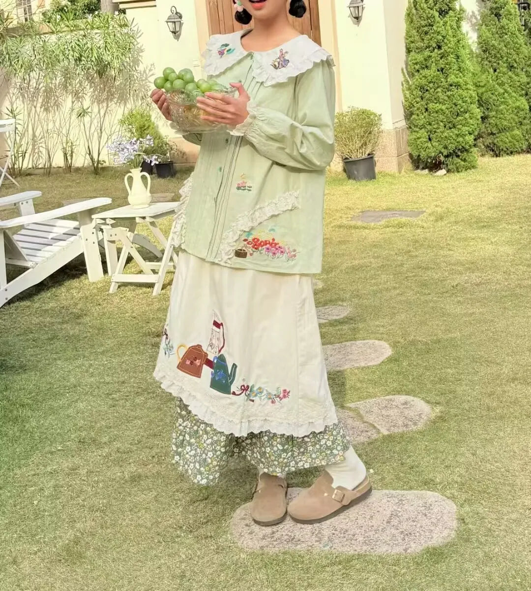 Japanese Mori Girl Spring Sweet Patchwork Lace Elastic Waist A- Line Skirt Vintage Embroidery Cotton Skirt Jupe Femme Faldas