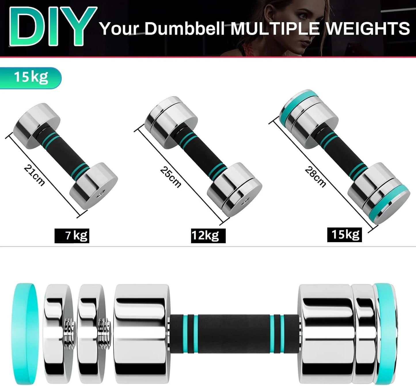 Electroplated Stainless Steel Dumbbells - Dumbbell Set of 2 Ultra Compact Adjustable 5 kg 10 kg 15kg with Foam Handle - Fitness