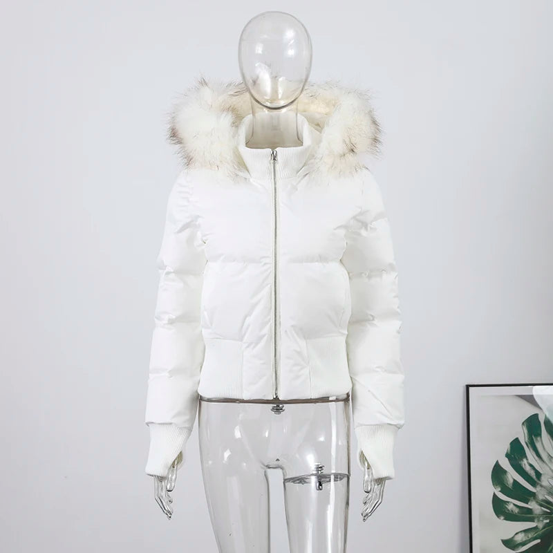 Fashion Women's Faux Fur Hooded Quilted Coat 2025 Winter Full Sleeve Zipper Pocket Cropped Jacket Chic New Lady Padded Outerwear