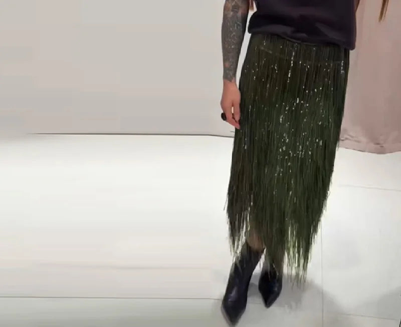 Women's Young Versatile Sparkling Tassel Skirt Fashion Design Casual Evening Party Gown 2025 New Elegant Straight Tube Vistidos