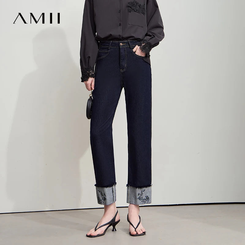 AMII Jeans Pants Women 2025 Autumn New Elegant Ladies Clothes Casual Loose Straight Embroidery Women's Denim Pants 12543032