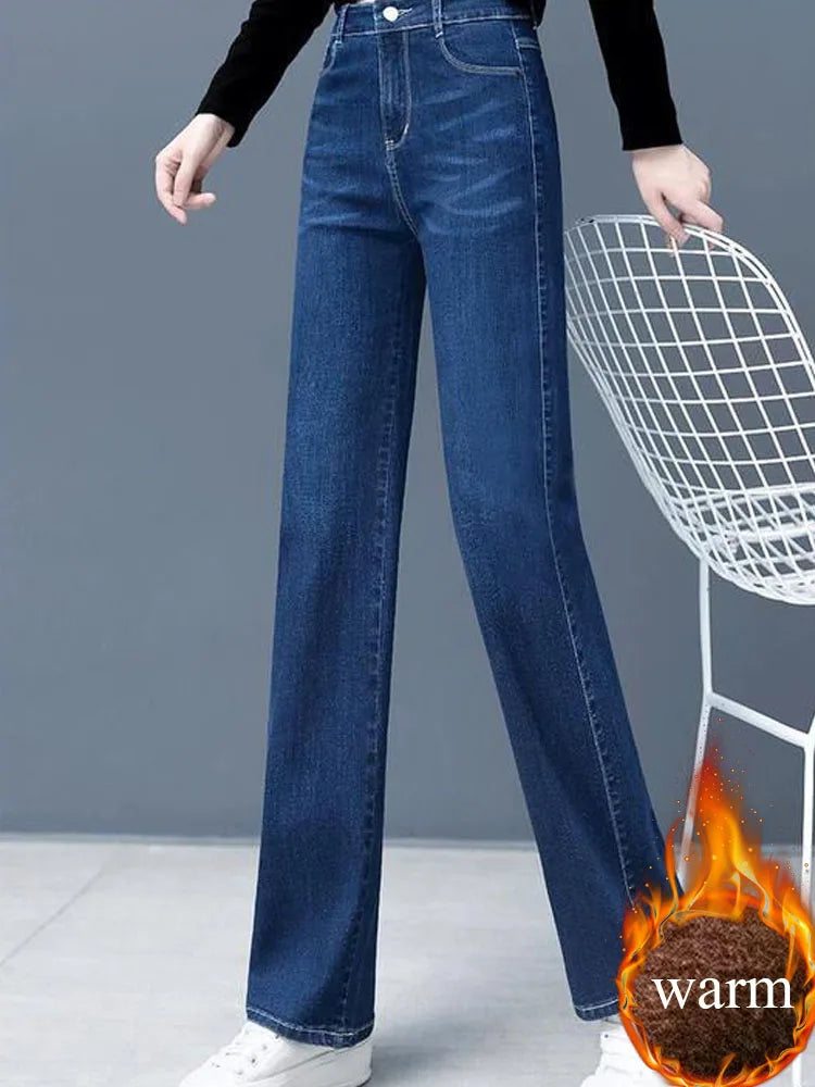 Women Vintage Thicken Loose Straight Jeans Korean Fashion High Waist Velvet Lined Denim Pants Winter Warm Snow Wear Vaqueros New