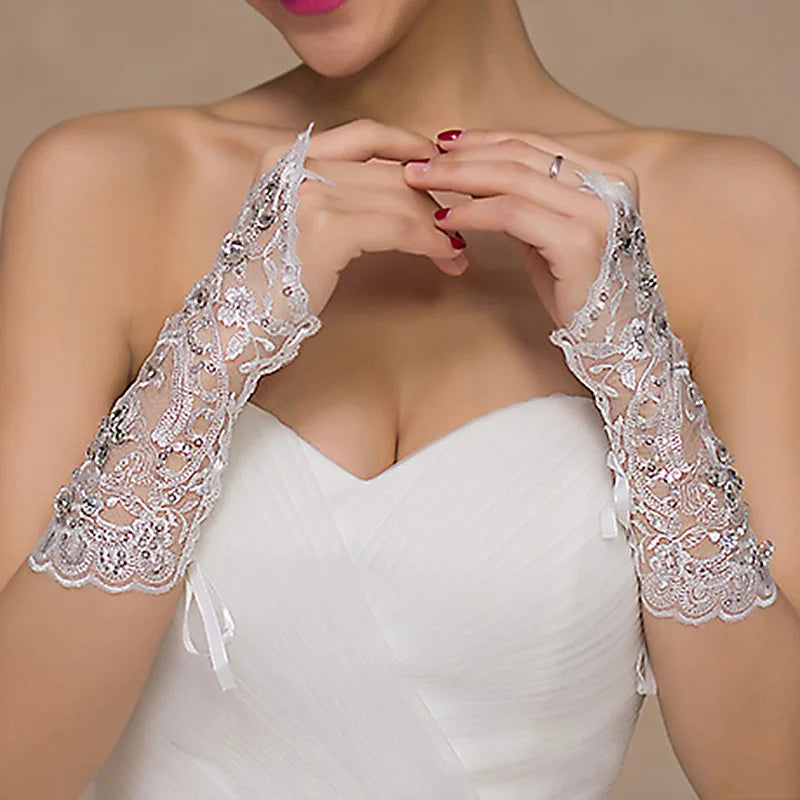 Lace Fingerless Elbow Length Bridal Gloves with Rhinestone for Women Paragraph White Wedding Accessories