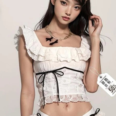 Sweet Cool Homemade White Crop Top Bow Half Length Skirt Lovely Spicy Skinny Puffy Cake Skirt Female Short Skirt Girl Streetwear