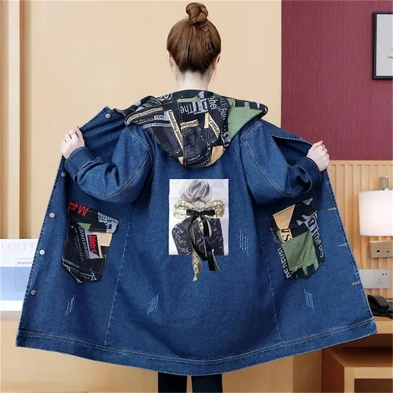 2025 Spring Autumn Denim Jacket Women Hooded Windbreaker Cartoon Printed Coat Long Outerwear Female Oversize 5XL Loose Overcoat