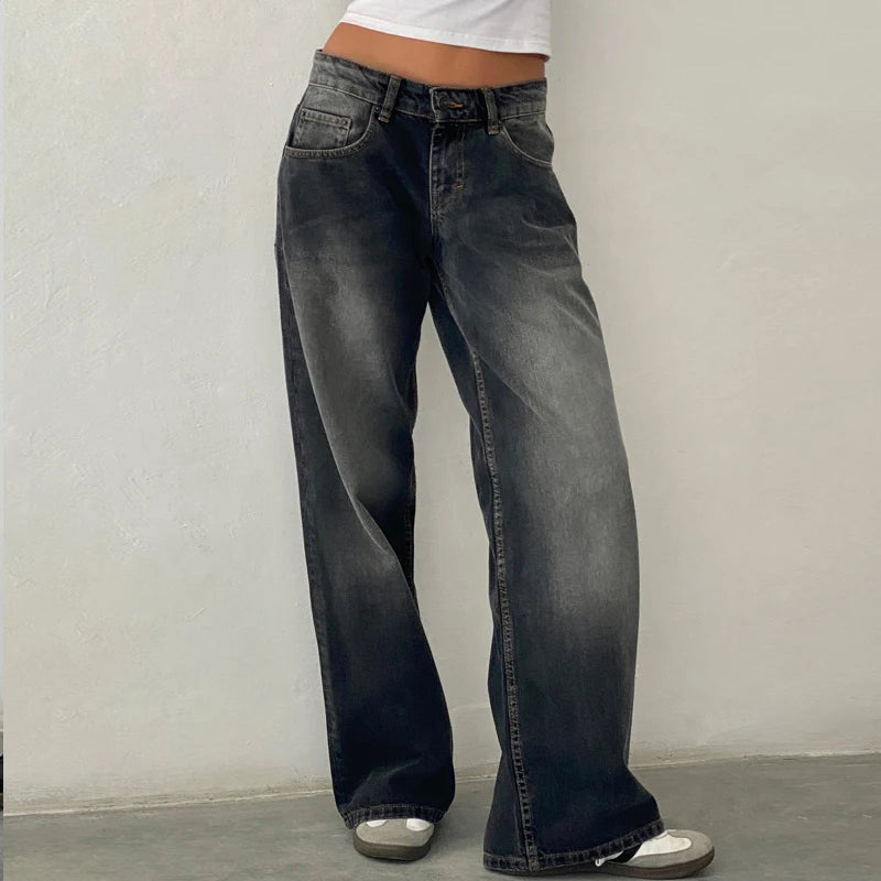 Maemukilabe Women Y2K Aesthetic Low Rise Baggy Jeans Loose Fit Boyfriend Straight Wide Leg Denim Pants Trendy Stretch Trousers