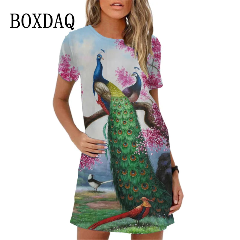 Sweet Cute 3D Print Women Dresses 2023 New Summer Short Sleeve Peacock Pattern Loose A-Line Dress Loose Casual Beach Party Dress