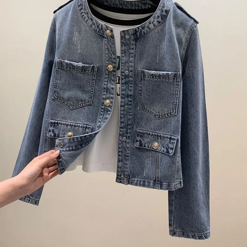 Crew Neck Denim Jacket Long Sleeve Women Single-breasted Retro Korean Fashion Coat Autumn Short Tops Casual Chic Cardigan