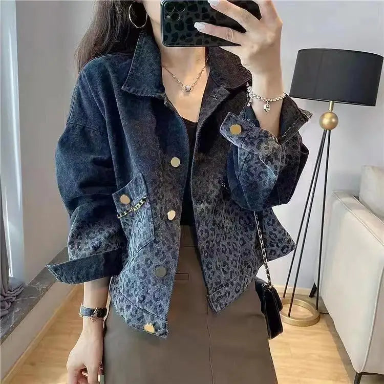 Autumn Winter Streetwear Vintage Leopard Print Denim Coat Ladies Harajuku Y2K Casual Fashion All-match Jacket Women Outwear Top