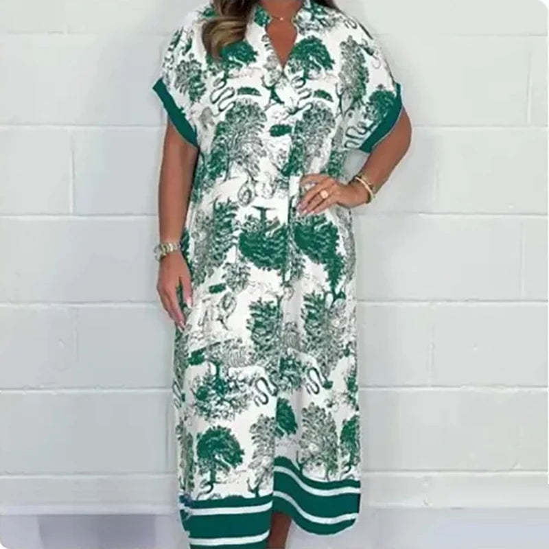 Vintage Casual Plants Print Bohemian Dress Women Spring V Neck Party Long Dress Summer Short Sleeve Loose A-Line Dresses Vestido