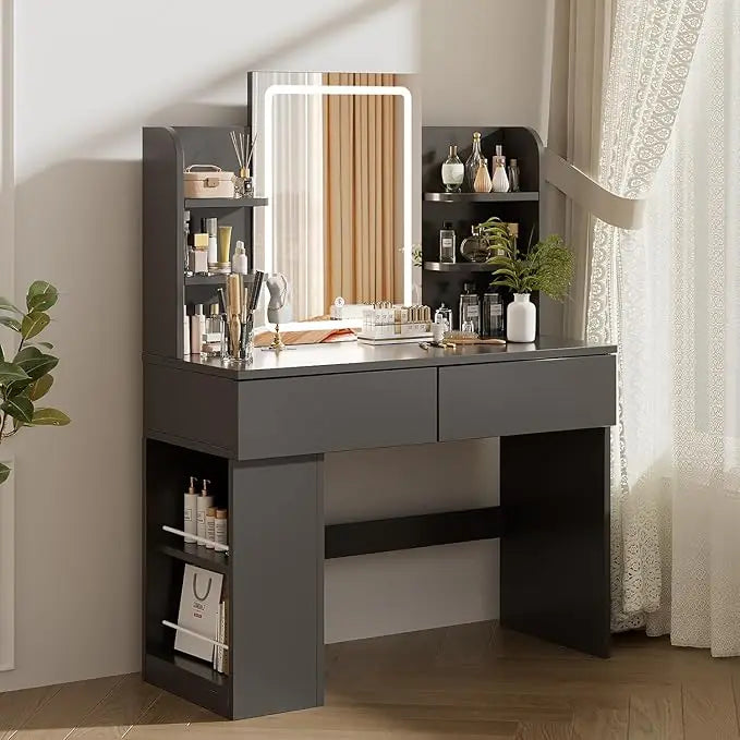 Makeup Dressing Table with Mirror and Led Dimmable Light, Makeup Vanity with 2 Drawers and 4 Shelves, Bottom Shelf, Desk Table,
