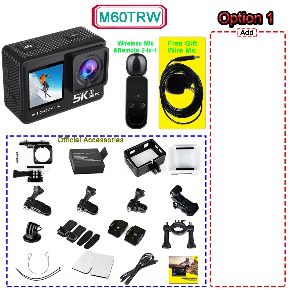 Action Camera 5K 4K60FPS 50MP 2" Touch Dual Screen 5X Zoom Wi-Fi EIS 170° DVR Webcam Wireless Mic 30M Waterproof Sport Camera