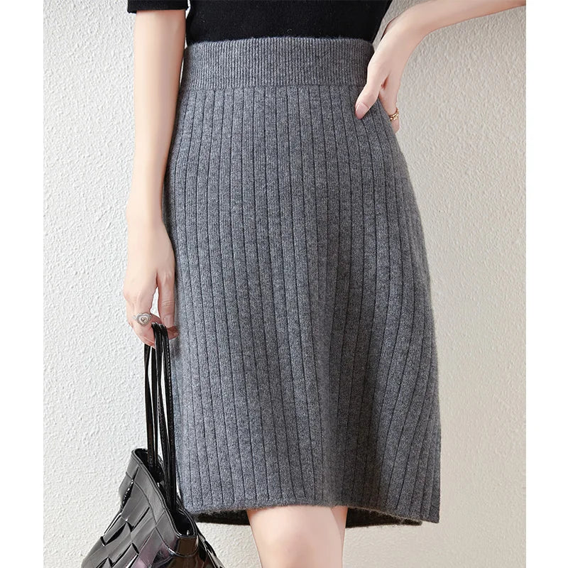 Women's Knitted Skirt 100% Merino Wool Sheath Skirt Solid Color Autumn/Winter Fashion Vertical Strip Wrap Hip Skirt Split Skirt