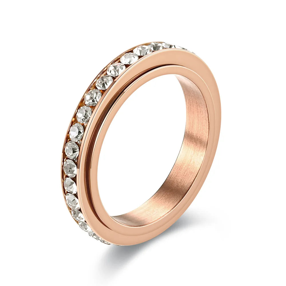 4MM Spinner Finger Rings For Women Crystal Rotatable Wedding Stainless Steel Ring Men Korean Anniversary Party Jewelry
