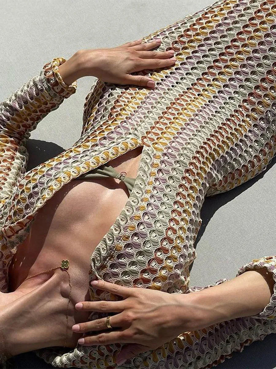 2024 New Fashion Women's Summer Crochet Long Dress Deep V-Neck Long Sleeve Thigh Slit Slim Beach Dress