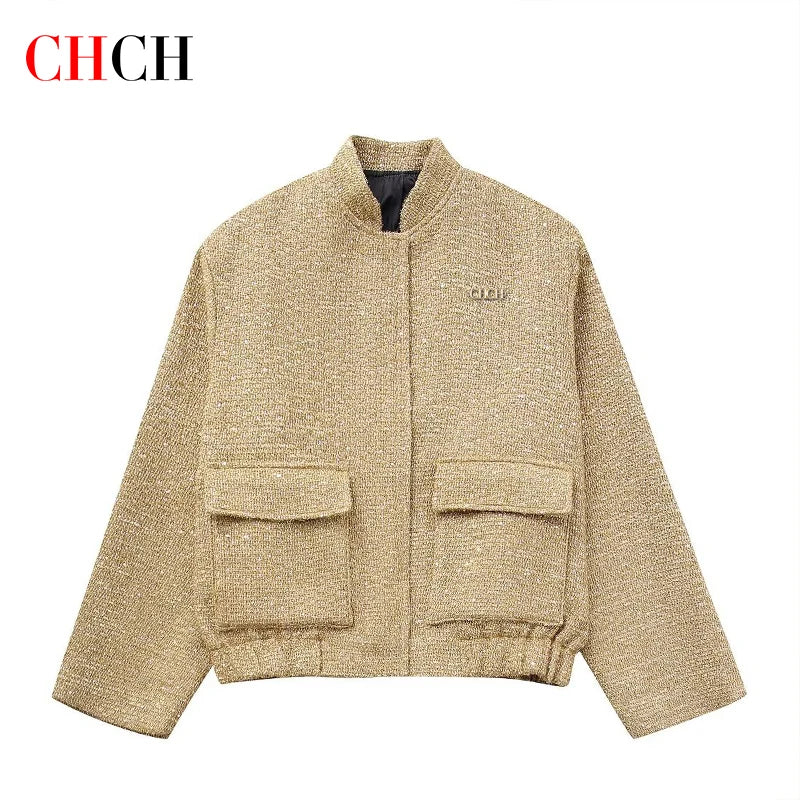 Women Cropped Jacket Elegant Lapel Autumn Long Sleeve Solid Pocket Jackets Fashion Street Office Lady Zipper Casual Coats