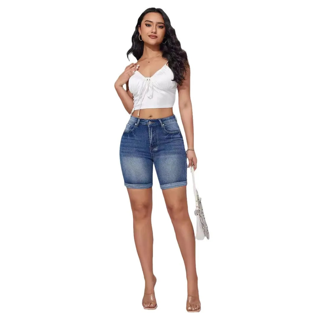 Europe and The United States New Fashion High-waisted Denim Shorts Women's Summer Stretch High-waisted Casual Straight Leg Jeans