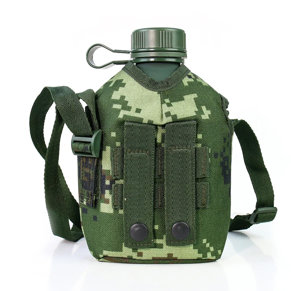 1L Camouflage Military Water Bottle Outdoor Sports Picnic Kettle Portable Canteen with Shoulder Strap Aluminum Camping Pot Flask