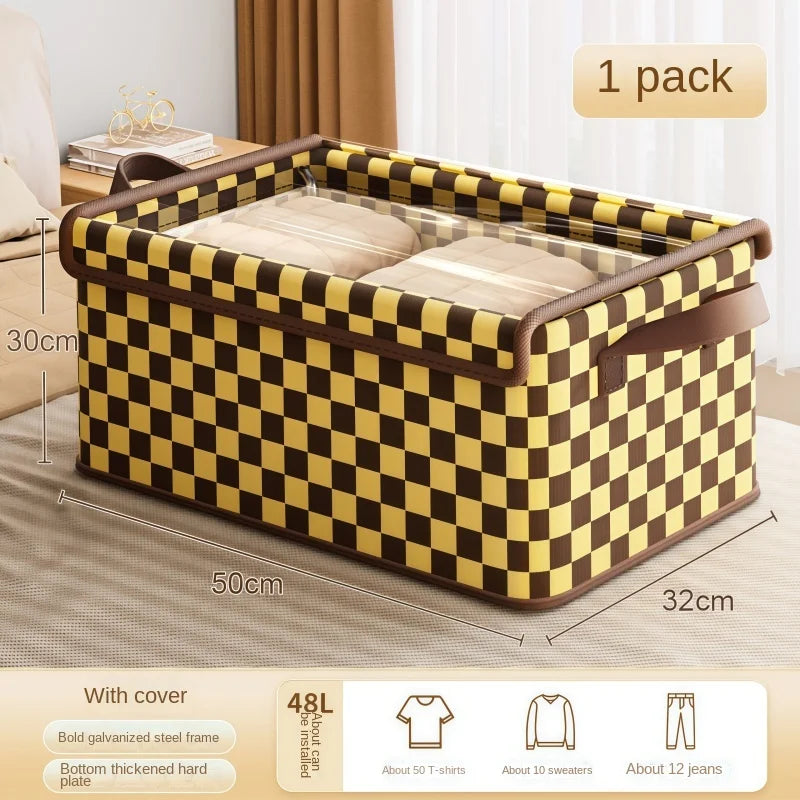 Checkered Fabric Clothing Storage Box - Galvanized Steel Frame - Breathable, Moisture-Proof, Foldable, Home Organizer - With Lid