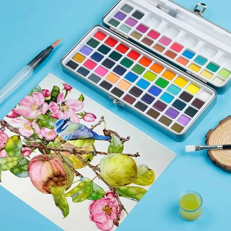 The 50/72/90/100/128/168 watercolor paint set includes a palette, brushes, drawing pens, professional painting supplies