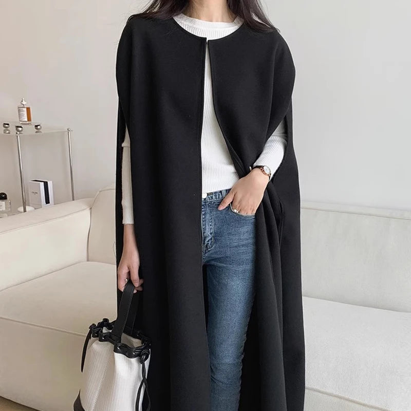 Chic Autumn Winter Loose Coat Sle Pure Color Long Women's Vest Jaet Korean Version Commute Sle Long Sve round Ne