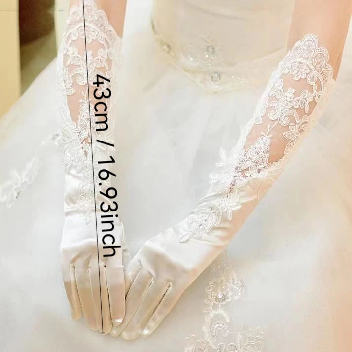 Elegant Satin Lace Gloves Long Bridal Gloves for Bride Flower Girls Women Wedding Prom Party