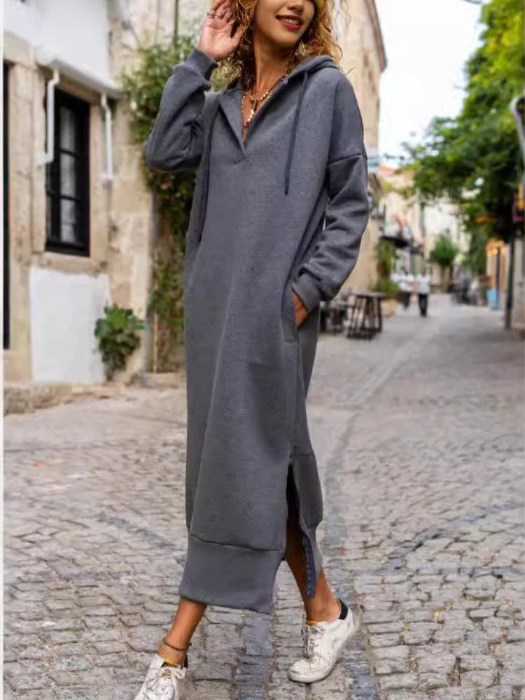 Autumn and Winter Fashion New Women's Warm and Loose Hoodie Dress Commuting Style Casual Hooded V-neck Slit Hoodie Long Skirt