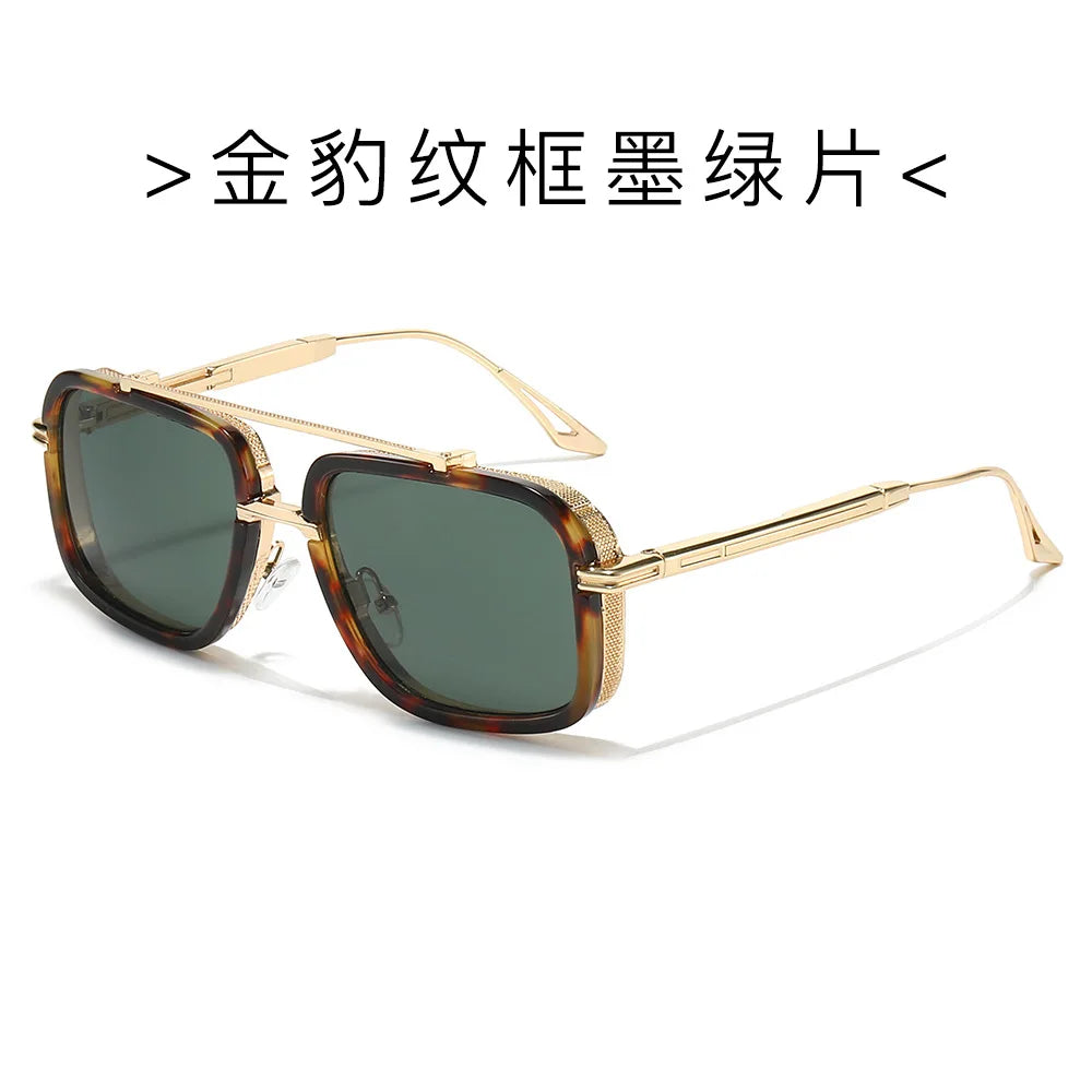 Large Square Sunglasses Men Steampunk Style Metal Pilot Sun Glasses Luxury Designer Brand Eyewear Fashion Shades Double Beam