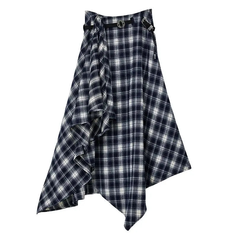 Long Skirts Women Woolen Skirt 2025 Goth Lolita Autumn Winter High Waist Ruffles Asymmetrical Plaid Skirt Maxi With Belt