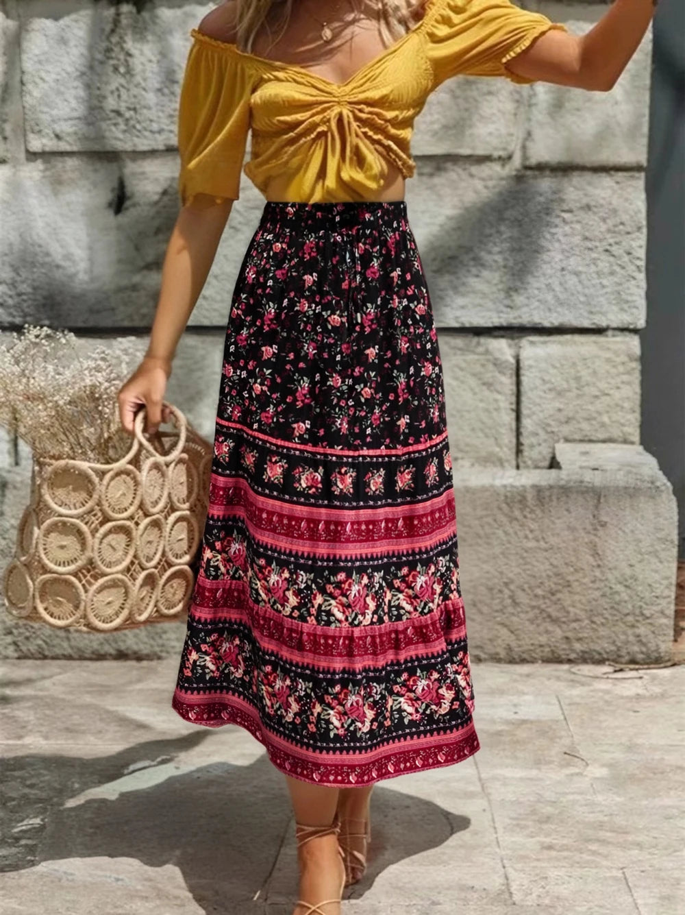 Multi Floral Print Ethnic Vintage Chic Women Beach Bohemian Skirt Ladies High Elastic Waist Rayon Cotton Boho Maxi Skirts