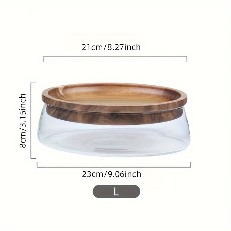Double Layer Wooden Trays - 1pc Glass Bowl Nuts Fruits Food Container For Cereals - Candy Jars With Wooden Lid Home Kitchen Storage Supplies