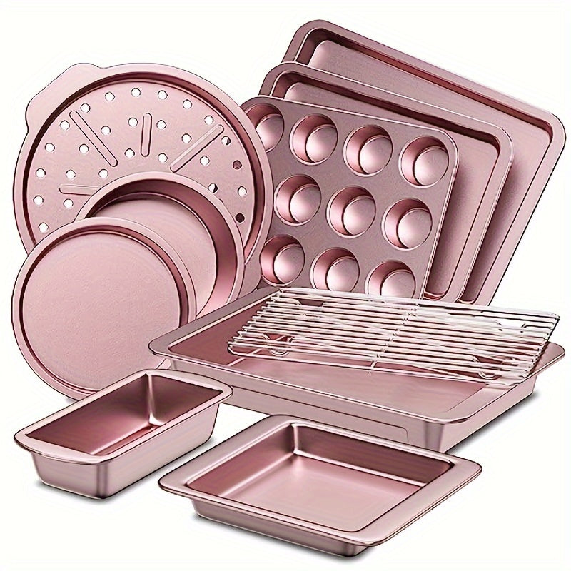 HONGBAKE Bakeware Sets, Baking Pans Set, Nonstick Oven Pan For Kitchen With Wider Grips, 10-Piece Including Rack, Cookie Sheet, Cake Pans, Loaf Pan, Muffin Pan, Pizza Pan