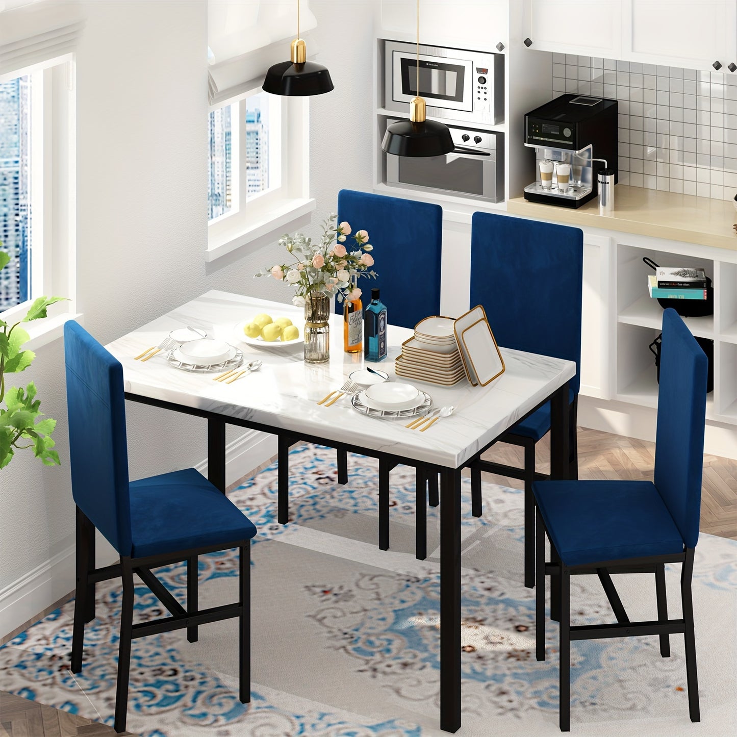 5 Piece Dining Table & Chair Set with 4 Velvet Upholstered and Density Sponge Padded Dining Chairs, Modern Style Kitchen Table Furniture Set with Faux Marble Table Top, 4-Person Metal and Wood Breakfast Nook Dinette Set for K