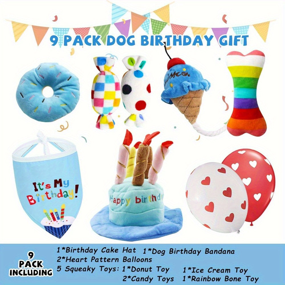 9 Pack Dog Chew Toys Interactive Pickup Toys Dog Birthday Toy Set, 9 Puppy Plush Pet Toys, Including Squeaky Cake Hat, Headscarf, Dessert Themed Toys, Balloons, Dog Birthday Party